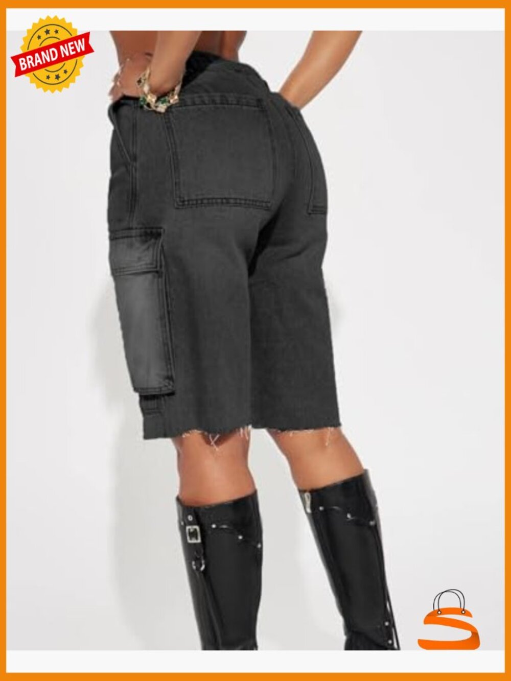 High Waist Denim Shorts Straight Leg Raw Hem with Pockets - Picture 2 of 6